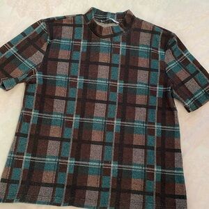 Zara Woman short sleeve plaid knit top in spruce and brown size M